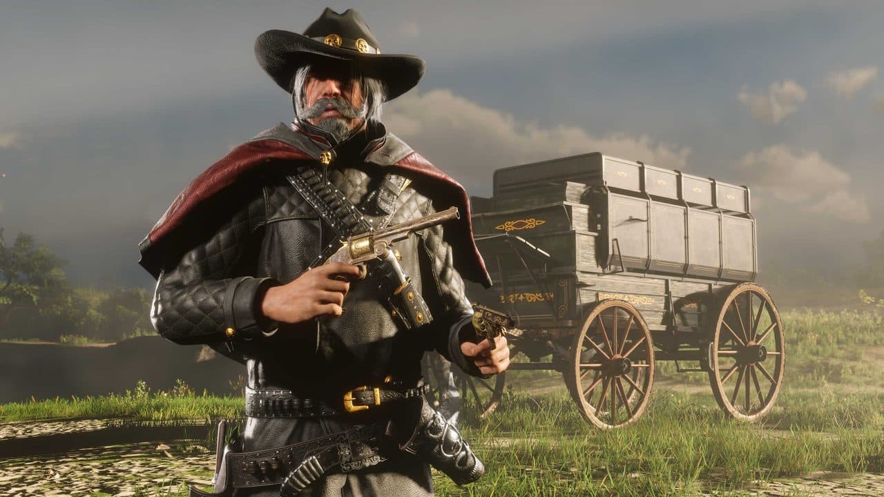 An armed Bounty Hunter stands nearby a Bounty Wagon