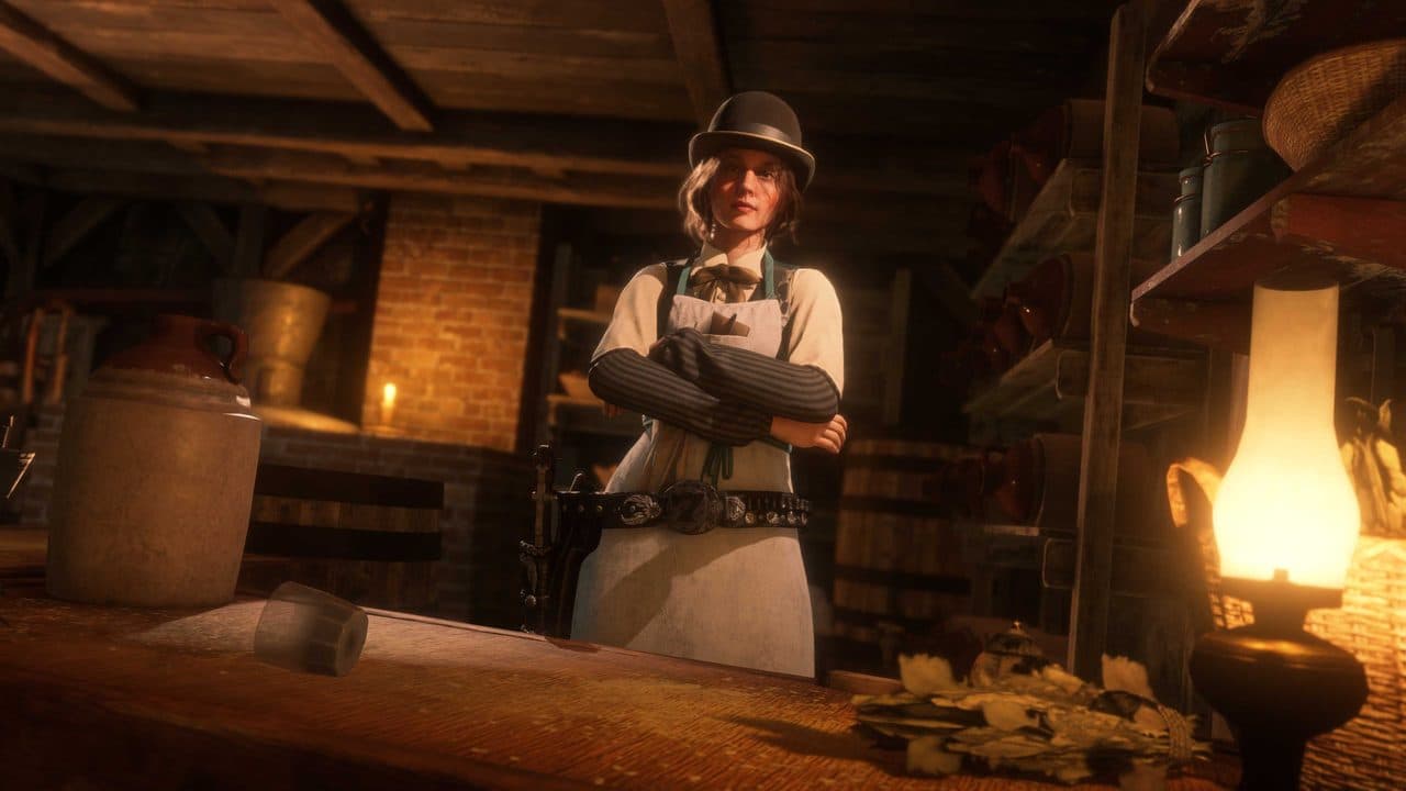 A moonshiner stands cross-armed in a candlelit room