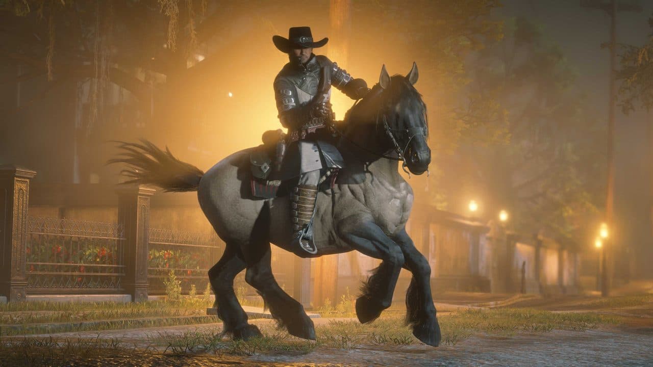 A rider, in a town at night, aims a gun as their horse gallops